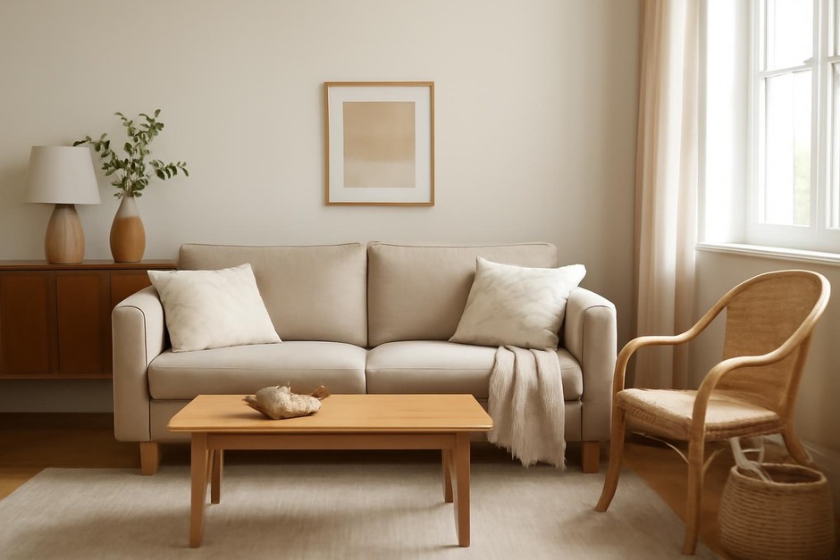 A tidy living room with warm light and simple textiles