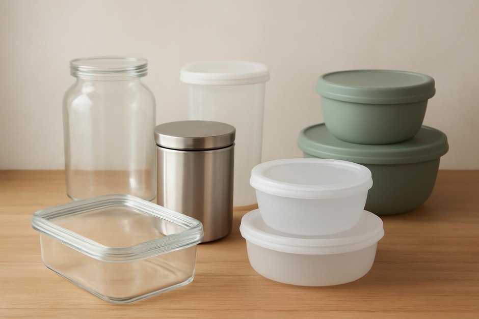 Assorted kitchen storage containers on a wooden counter