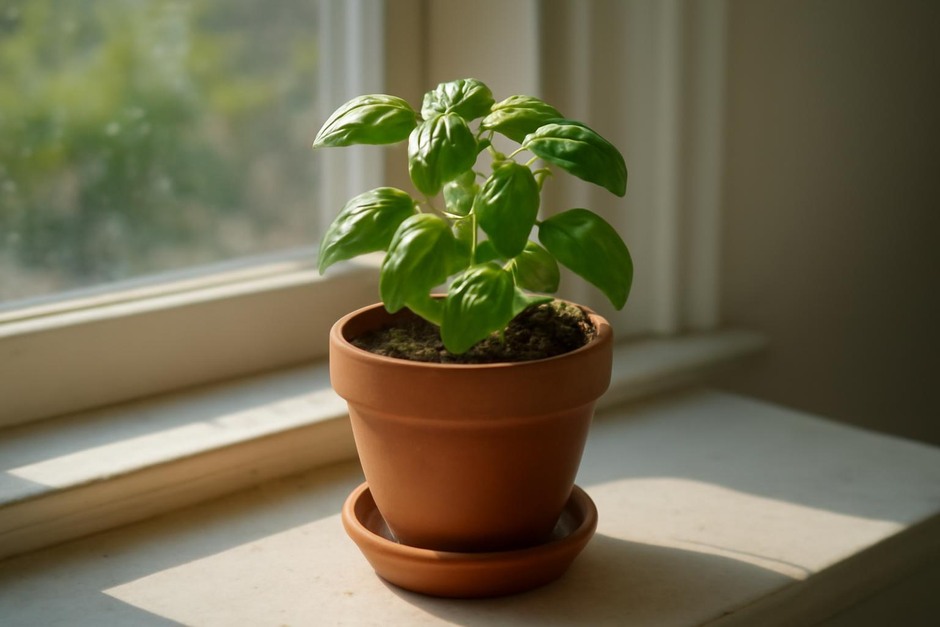 Small terracotta pot with basil on a sunny windowsill