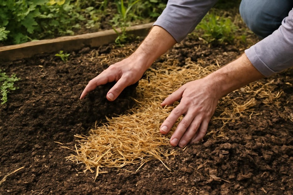 Hands spreading mulch in a small garden bed