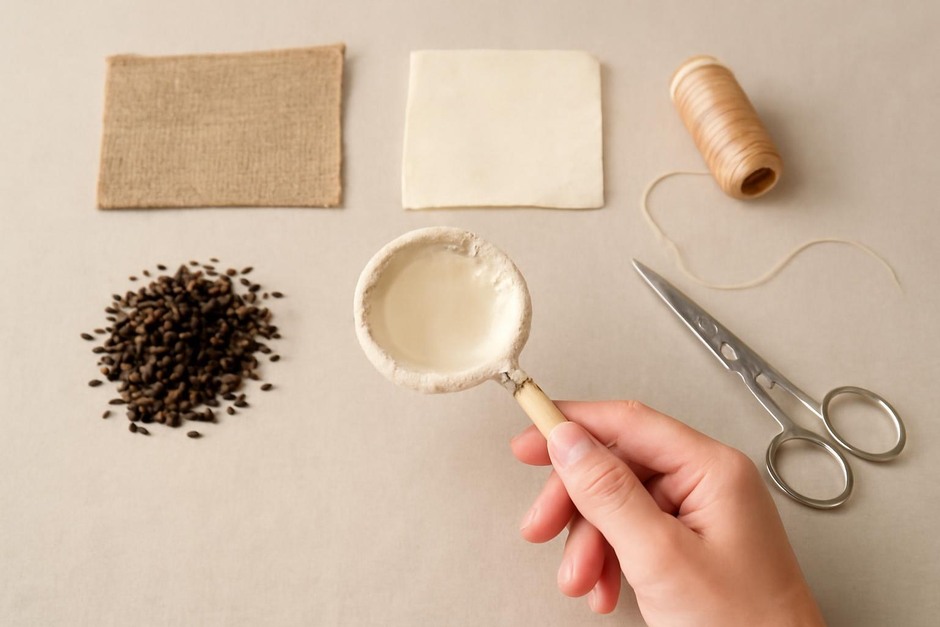 Handheld reusable tea strainer next to loose leaf tea and sewing materials
